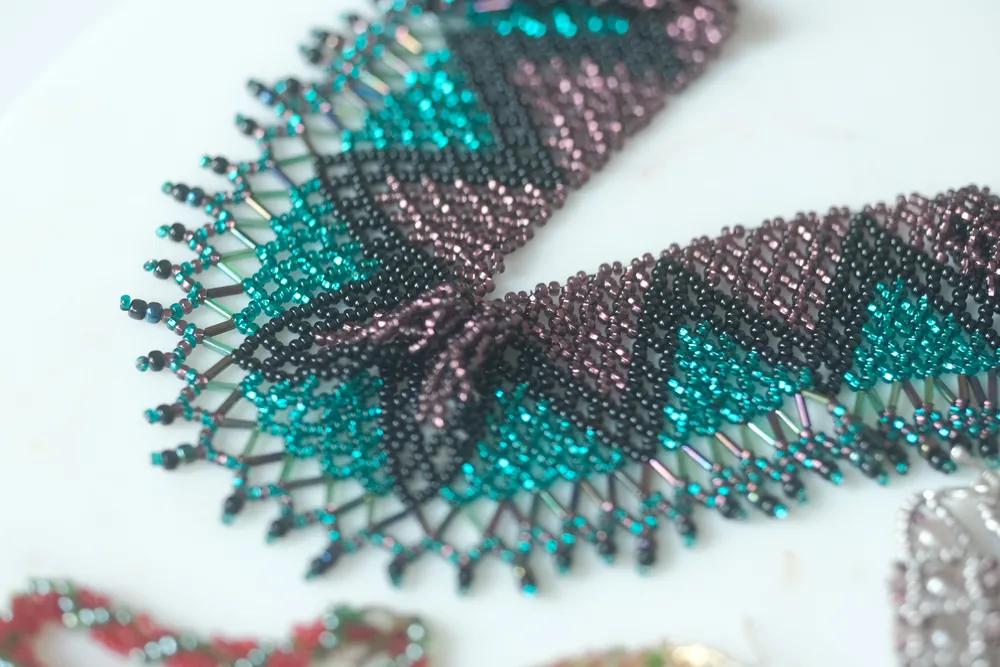 Close detail of chevron beadwork weave