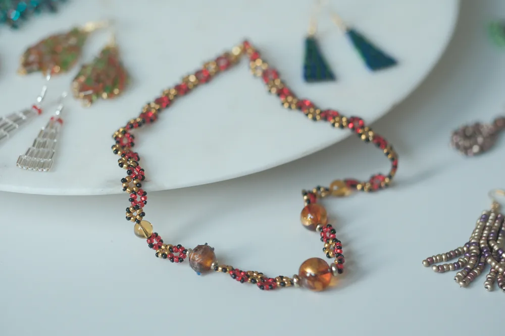 Copper and amber beaded necklace