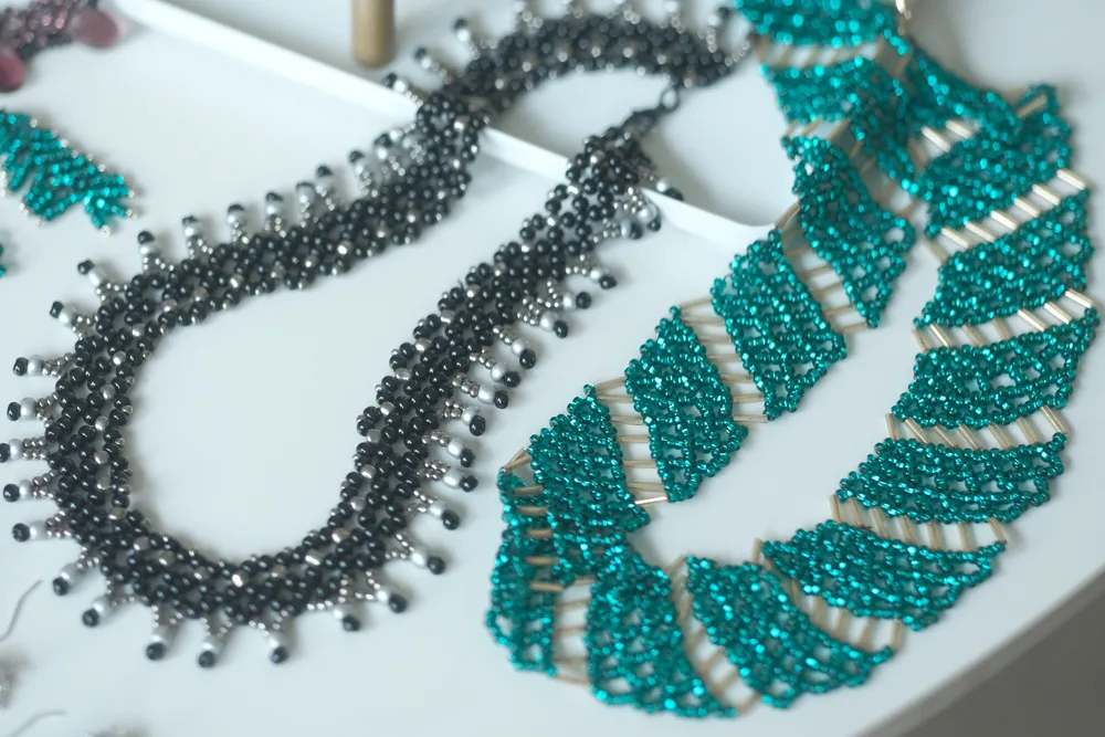 Onyx and teal beaded statement necklace